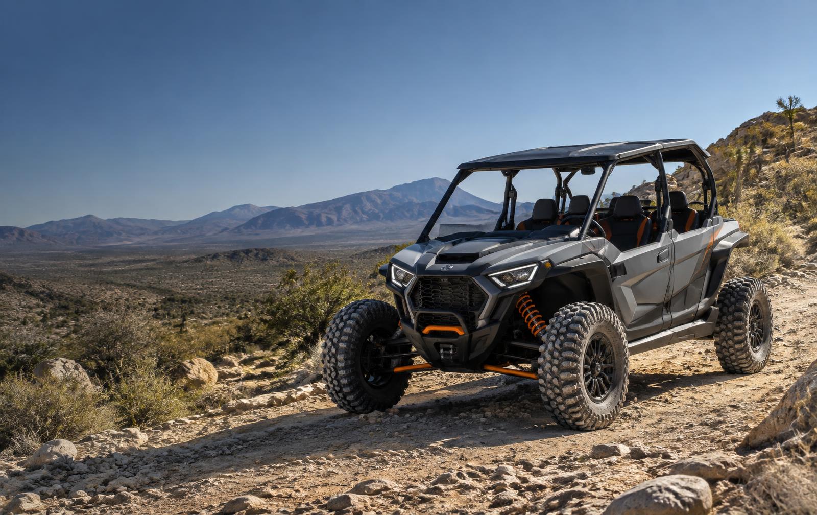 Side-by-side vehicle on a rocky desert trail